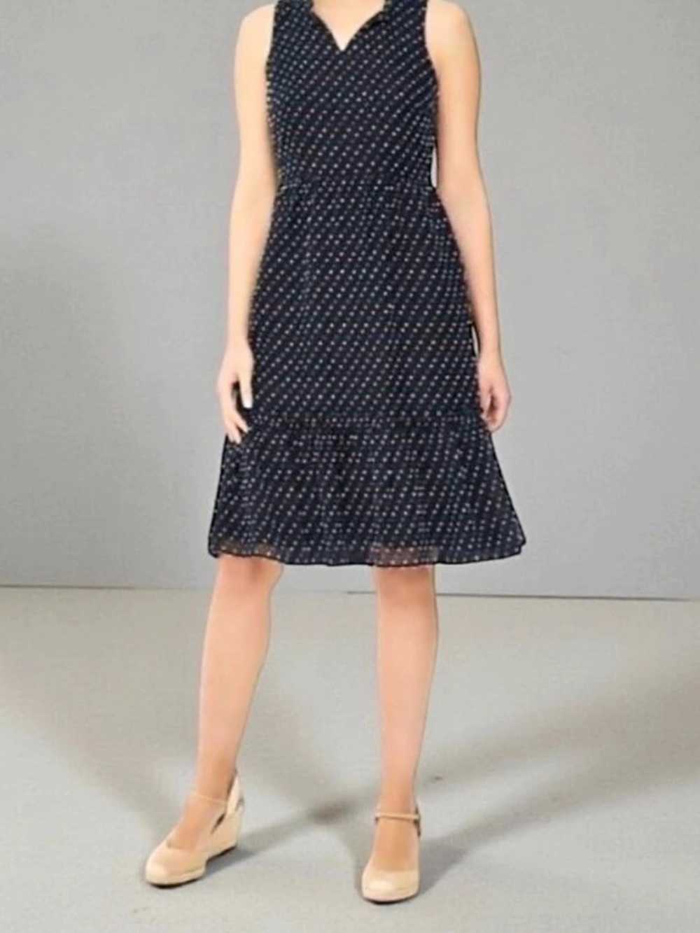 LOFT Outlet Women's Navy Green Clip Dot Flounce Ruffle Hem Sleeveless Sz 6P